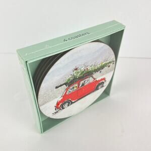 Rock Flower Paper Round Winter Scene Christmas Tree on Car Coasters Set of 4